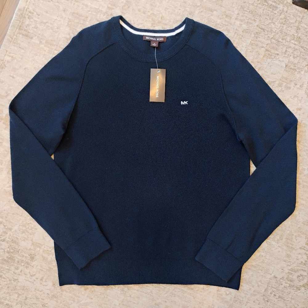 NWT M Michael Kors Navy Blue Raglan Sleeve Contrast Knit Crew Sweater NEW